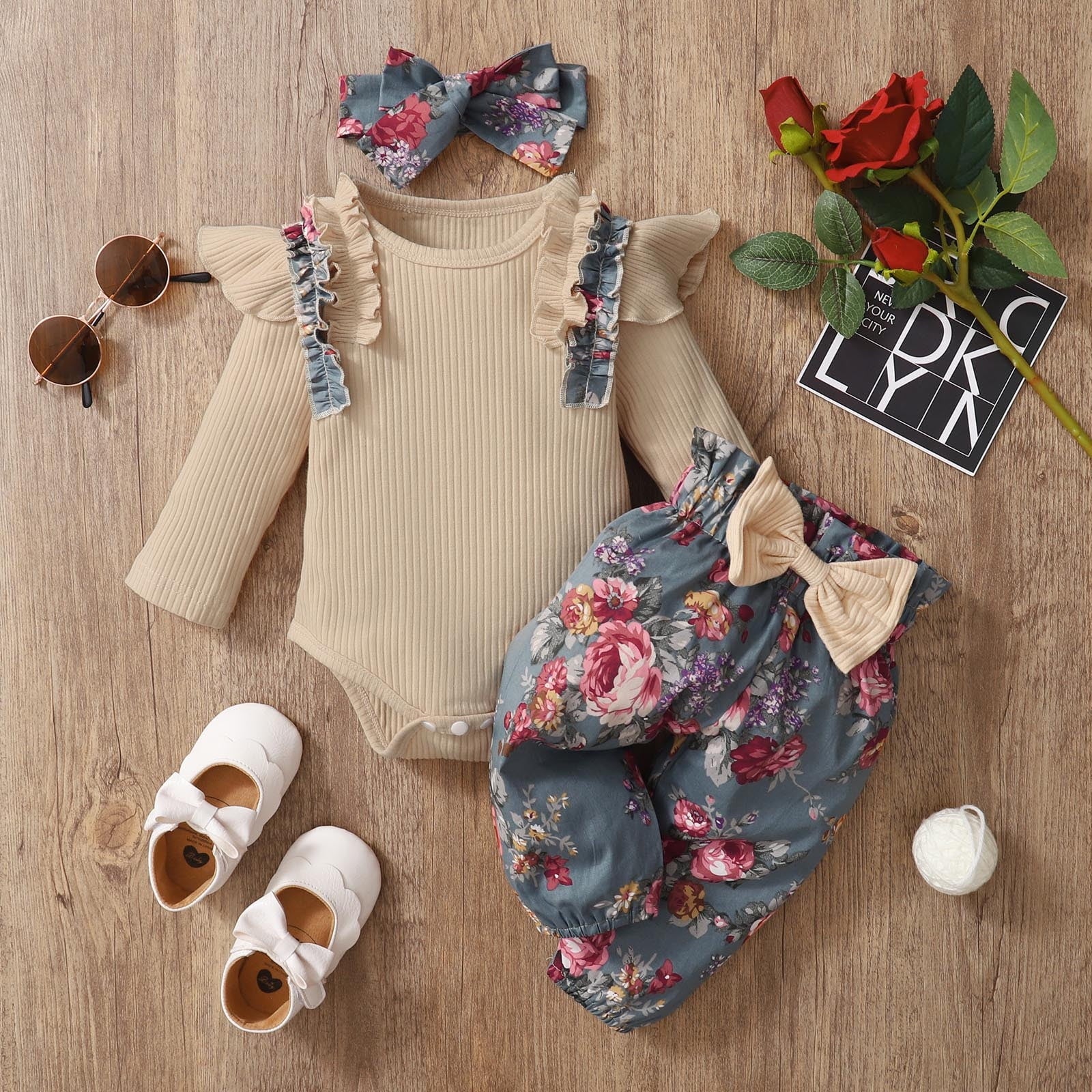 Baby Girls Clothes Long Sleeve Ruffles Romper Bodysuit Floral Print Pants Headbands Outfits Sets 6 Months