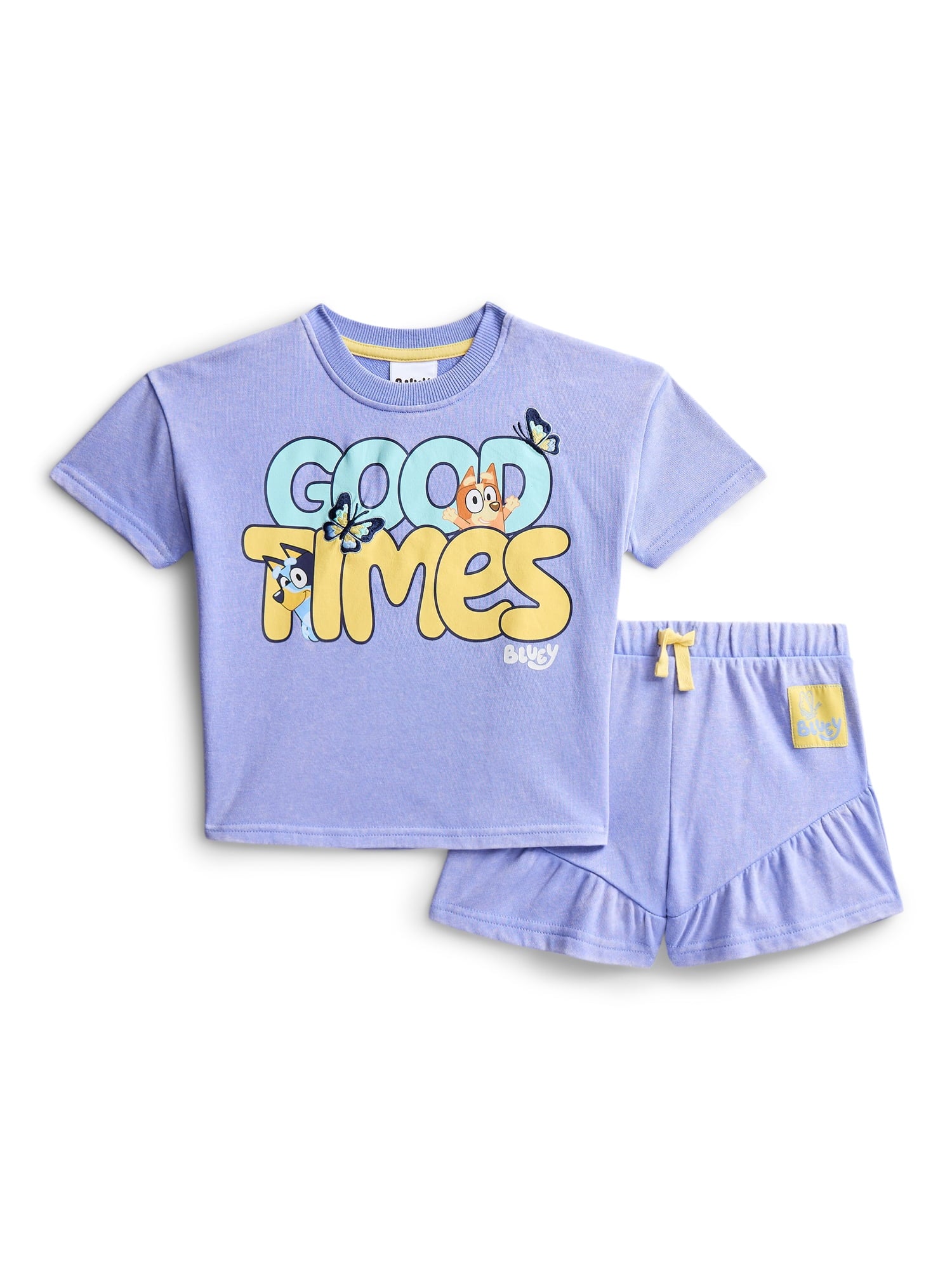 Bluey Toddler Girls Short Sleeve Graphic Tee and Matching Ruffle Shorts Set, 2-Piece, Sizes 12M-5T